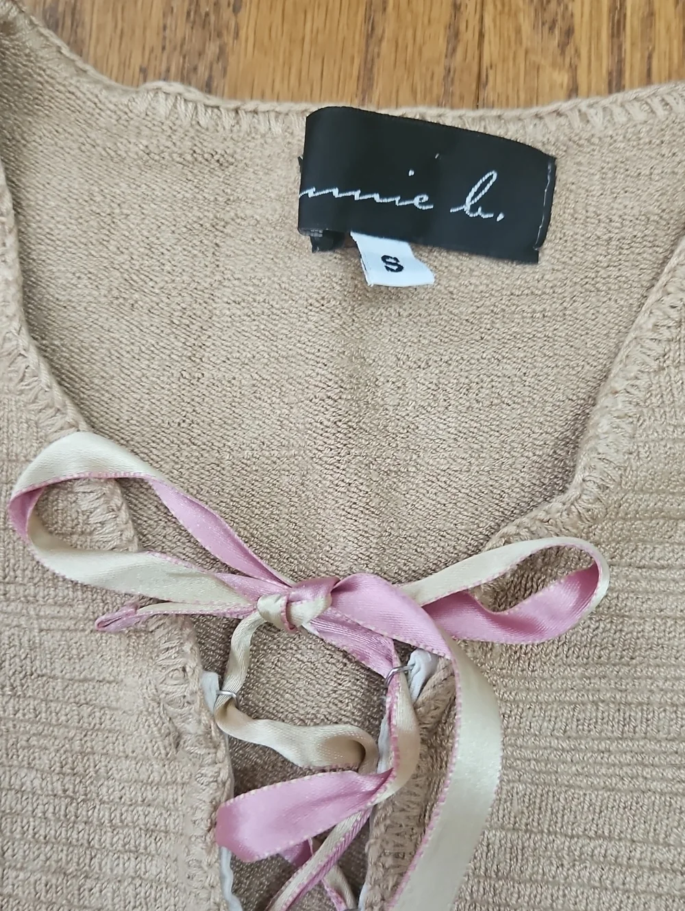 Annie Li Vintage Y2K Ribbed Lace-Up Cardigan Top •Tan/Pink • Size Small